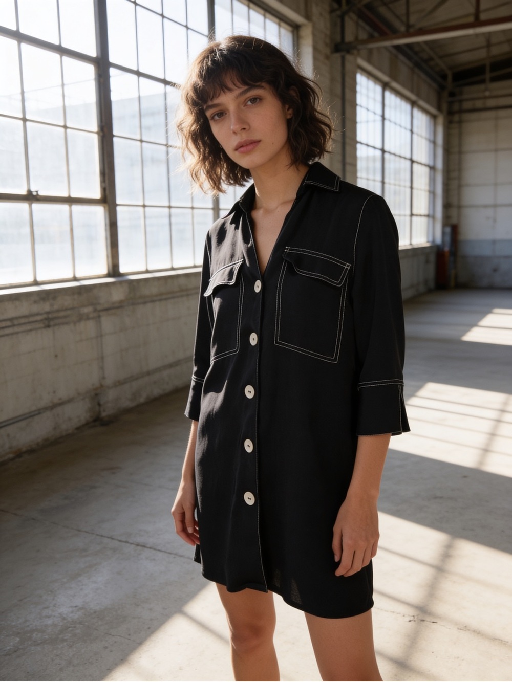 Zara Black Shirt Dress with White Contrast Stitching - Picture 1 of 8